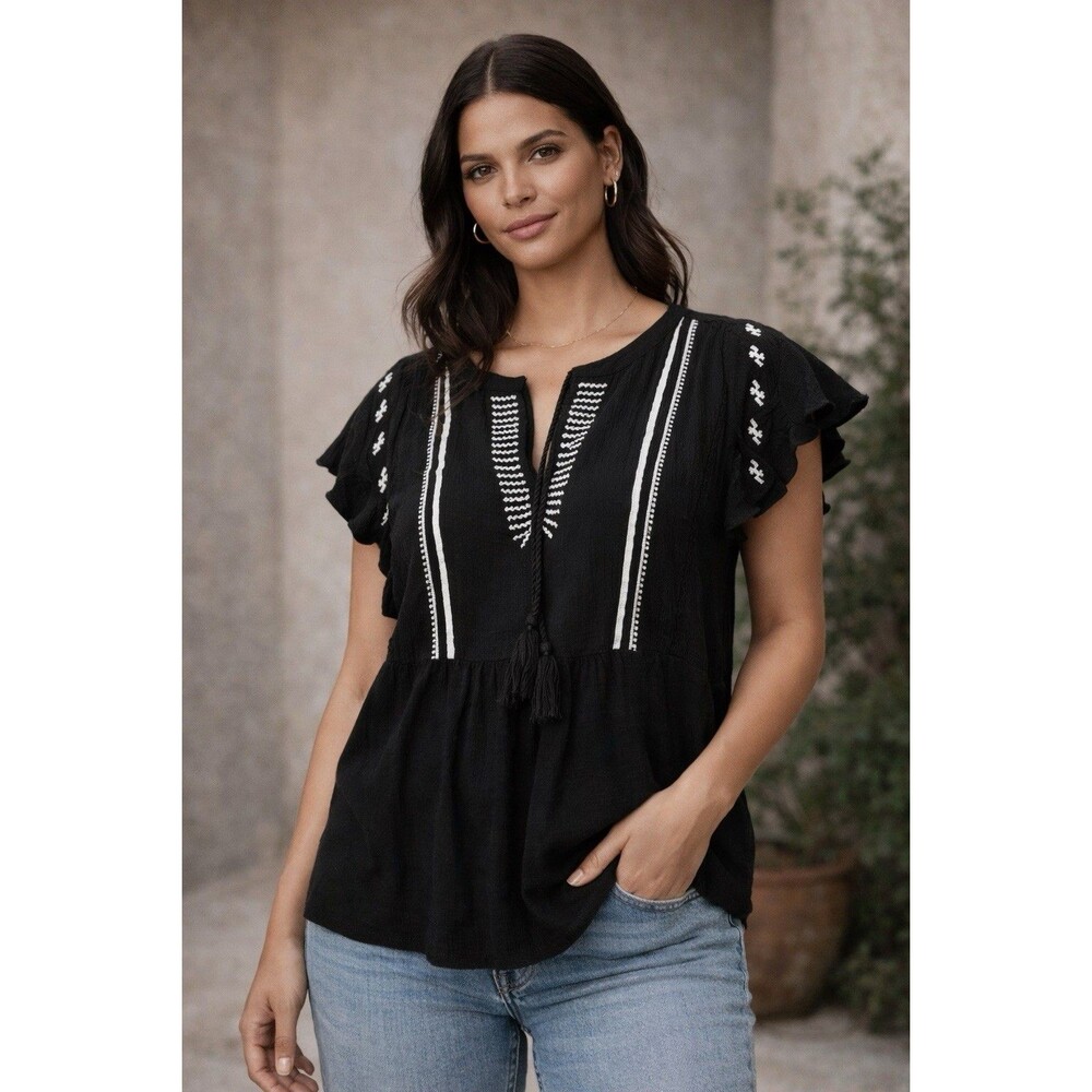 Lucky Brand By Nordstrom Black Boho Embroidered Top Tassel Detail Short Sleeve M
